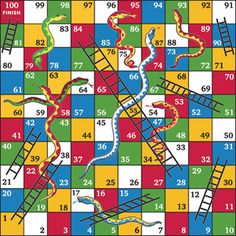 the snakes and ladders board game is shown in red, green, blue, yellow and white