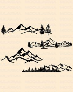 three mountain silhouettes with trees and mountains in the background, on a beige background