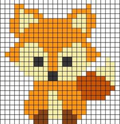 a cross stitch pattern with an orange fox on it's chest and black eyes