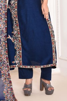 Navy blue straight kurta with multi color floral bloom embroidery. Paired with a pant and dupatta with floral embroidered border. - Aza Fashions Unstitched Multicolor Embroidered Salwar Kameez, Festivals Unstitched Suit With Embroidered Border, Blue Unstitched Suit For Spring Festive, Unstitched Suit With Multicolor Embroidery And Dupatta, Spring Unstitched Suit With Zari Work, Elegant Blue Unstitched Suit With Embroidered Border, Designer Floral Embroidered Unstitched Suit, Multicolor Embroidered Palazzo Set, Multicolor Embroidered Anarkali Unstitched Suit