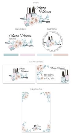 three different business cards with flowers and nail polishes on the front, one in blue and