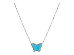 Kendra Scott Lillia Butterfly Pendant Necklace - Necklace : Rhodium Turquoise Kyocera Opal : Dream of springtime when you wear the Kendra Scott Lillia Butterfly Pendant Necklace. Subtle necklaces features stone centers with etched edges. Please refer to color selection for stone detail. 14K gold, 14K rose gold, rhodium - all plated over brass. Lobster claw closure with extender. Imported. Measurements: Chain Circumference: 14 1 2 in Adjuster Length: 3 in Pendant Height: 1 2 in Pendant Width: 2 3 Fine Jewelry Single Strand Pendant Necklace, Fine Jewelry Pendant Necklace With Single Strand, Silver Beaded Necklaces With Jewels, Sterling Silver Pendant Jewelry With Beaded Chain, Pendant Beaded Costume Necklace, Costume Jewelry Beaded Pendant Necklace, Sterling Silver Pendant Beaded Necklace, Jeweled Round Bead Necklaces For Gifts, Elegant Jewelry With Large Pendant And Round Beads