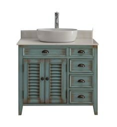 a bathroom vanity with a bowl sink and wooden shutters on the cabinet doors,