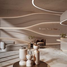 An elegant and modern aesthetic clinic interior with comfortable waiting area, clean lines, and natural lighting cement finish with curved modern reception Aesthetic Clinic Design, Image Wall, Clinic Interior Design, Spa Interior, Beauty Salon Design, Beauty Room Design