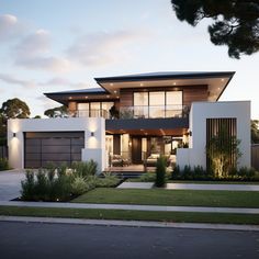 a large modern house with lots of windows and plants on the front lawn at dusk