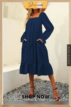 Loose Square Collar Solid Color Long Sleeve Big Swing Dress Solid Color Long Sleeve Maxi Dress For Vacation, Long Sleeve Solid Color Maxi Dress For Beach, Long Sleeve Maxi Dress With Pockets For Vacation, Long Sleeve Dress For Vacation, Solid Color Midi Beach Dress For Fall, Blue Long Sleeve Maxi Dress With Pockets, Flowy Midi Length Dresses With Pockets, Long Sleeve Midi Dress For Vacation, Long Sleeve Midi Dress With Pockets For Beach