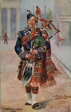 a painting of a man in tartan playing bagpipes