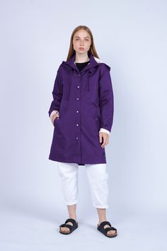 "Women's Purple Fashion Unique Raincoat \"GUATEMALA\" 689 Handmade in Lithuania.  Enjoy functional and stylish raincoat. This raincoat is waterproof and wind-resistant to keep you warm and dry.  Raincoat is with a hood and has front pockets with buttons. Color: purple Material: 100% Polyester, coated with PU Lining: 100% Rayon, light pink color Size: XS, S, M, L, XL, XXL Precise raincoat size (cm/inch) You can find in photos area." Stylish Raincoats, Mode Purple, Fashion Unique, Light Pink Color, Purple Fashion, Etsy Fashion, Guatemala, Unique Fashion, Color Purple