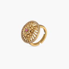 Description : This stunning ring is simple yet unique. Handcrafted with antique gold polish, this ring features a floral central motif studded with Kempu stones followed by a geometric filigree pattern held together to form a circle. This statement ring is perfect for special occasions. Details & Specifications: Materials used: Brass Alloy with Antique Gold Plating Weight - Finger Ring 6.05gm Length -Adjustable Finger Ring 3 cm, Make it custom Want to make it a custom Finger Ring ? Sure! Reach o Gold Hand Ring, Gold Finger Rings, Filigree Pattern, Buy Jewellery Online, Traditional Earrings, Kundan Earrings, Indian Earrings, Antique Necklace, Kundan Jewellery