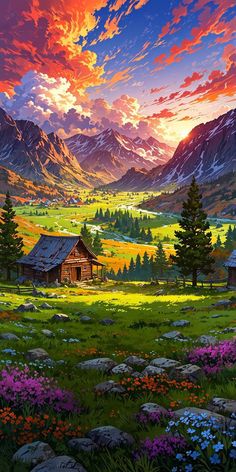 a painting of a cabin in the middle of a field with wildflowers and mountains