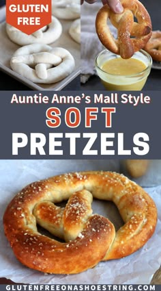 an advertisement for soft pretzels with text overlay