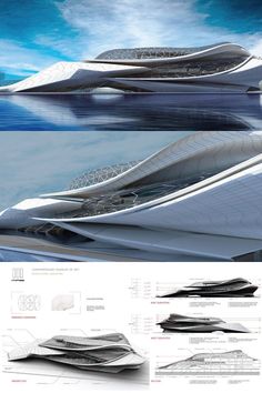 an architectural rendering of a futuristic boat in the ocean