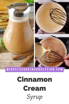 cinnamon cream syrup in a glass pitcher with whisk on top and ingredients to make it