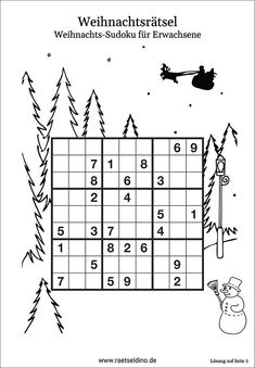 a sud puzzle with santa claus and snowman in the sky, on top of pine trees