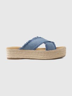 These platform sandals are made with a woven denim upper.  Rubber gripper sole.  Woven cork platform.  Denim cross straps.  For more fit and sizing info, check out our Size Guide. Denim Sandals Outfit, Denim Espadrilles, Denim Sandals, Sandal Style, Sandals Outfit, Espadrilles Platform, Gap Denim, Sandal Women, Cross Straps