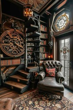 a chair sitting in front of a bookshelf filled with lots of books next to a window