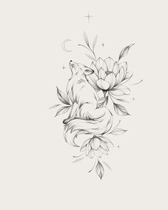 a black and white drawing of a fox sitting on top of a flower with leaves