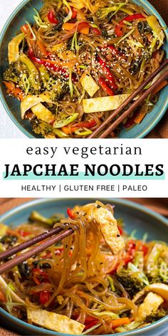 A plate of an easy vegetarian korean japchae noodles recipe that is healthy, gluten free, and paleo. Vegetarian Japchae, Vegetarian Bento, Korean Japchae, Korean Vegetarian Recipes, Japchae Noodles, Korean Vegetarian, Recipe With Vegetables, Noodles With Vegetables, Paleo Vegetables