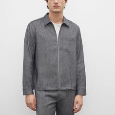 Up To Code. This Zip-Front Workshirt Offers The Perfect Balance Between Rugged And Refined. Made From A Durable Slub-Weave Fabric That Gets Softened By Our Signature Standard Fit (Which Makes It A Great Layering Tool). Grey: Model Is 6'2½" Wearing A Size M Designed For An Easy Fit Through The Chest And Body. 54% Hemp; 30% Polyester; 15% Viscose; 1% Elastane Standard Fit With A 28" Length; Based On A Size M Front Zip Closure Spread Collar; Chest Pocket; Long Sleeves; Snap-Barrel Cuffs; Shoulder Y Relaxed Fit Collared Tops For Workwear, Spring Workwear Tops With Straight Hem, Relaxed Fit Workwear Tops With Straight Hem, Harrington Jacket, Mens Club, Club Monaco, Box Pleats, Woven Fabric, Gray Color