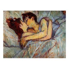 a painting of two people laying in bed with one woman kissing and the other man looking at him