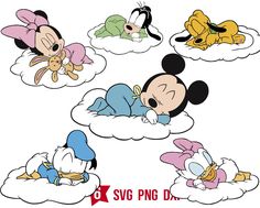 mickey mouse and other cartoon characters sleeping on clouds