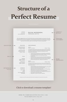 a resume template with the words structure of a perfect resume on it, and an image of