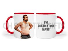 two red and white coffee mugs with the words i'm cultivating mass on them