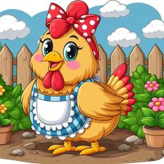 a chicken with a bow on her head standing in front of a fence and flowers