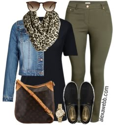 Weekend Inspiration - Plus Size Casual Outfit - Alexa Webb Olive Pants, Leopard Print Scarf, Plus Size Fashion For Women, Outfits Casual, Casual Style Outfits, Plus Size Casual