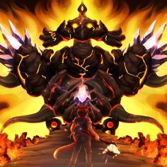 an animated video game character standing in front of a huge fire and demon like creature