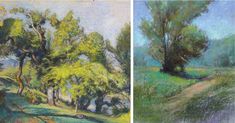 two paintings of trees in different stages of being colored and then using pastel pencils