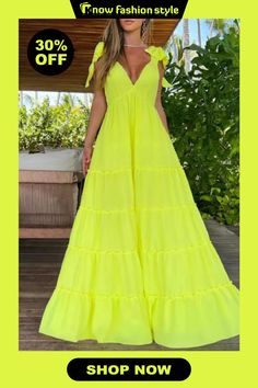 Sexy Casual Backless Sleeveless V Neck Tie Shoulder Ruffle Tiered Hem Vacation Long A Line Maxi Swing Dresses Summer Party Maxi Dress With Ruffled Straps, Beach Season Party Maxi Dress With Ruffles, Long A, Waist Dress, Wholesale Fashion, Long A Line, Dresses Online, Neck Tie, Dress Length