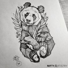 a drawing of a panda bear sitting on top of a piece of paper with leaves around it