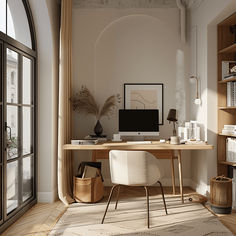 a desk with a computer on top of it in front of a book shelf filled with books