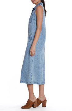 The denim dress gets a summery style-up with a sleeveless silhouette and a soft fabrication enriched with lyocell and cotton. Front button closure Spread collar Sleeveless Chest patch pocket; front welt pockets 62% lyocell, 20% cotton, 12% polyester, 5% rayon, 1% spandex Machine wash, tumble dry Imported Spring Cotton Midi Dress With Slip Pockets, Casual Sleeveless Dress With Pockets, Casual Sleeveless Dress With Pockets For Daywear, Sleeveless Relaxed Fit Denim Dress, Spring Washed Sleeveless Denim Dress, Blue Washed Sleeveless Dress, Sleeveless Relaxed Fit Medium Wash Dress, Sleeveless Denim Washed Dresses, Sleeveless Washed Cotton Dress