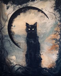 a black cat sitting in front of a full moon