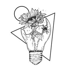 a black and white drawing of a light bulb with sunflowers in it