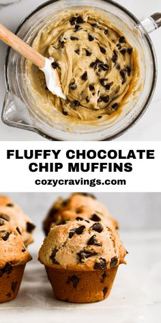 chocolate chip muffins with frosting in a glass bowl and on the side