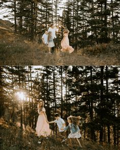 two girls are running through the woods with their arms around each other