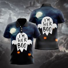 I'm Her Boo Halloween Shirts These shirts are custom-made-to-order and handcrafted to the highest quality standards. Each shirt is constructed from a premium polyester blend that is ultra-soft and incredibly comfortable. Features a specialty high definition heat-dye application that ensures long lasting color vibrancy even after machine washing. Fabric is durable and resistant to wrinkles, shrinking and mildew. Each shirt is custom printed, cut and sewn just for you when you place your order – t Halloween Black Tops With All Over Print, Halloween-themed Black Top With All Over Print, Black Tops With All Over Print For Halloween, Black Halloween Print Tops, Black Shirt With Sublimation Print For Halloween, White Halloween Shirt With Sublimation Print, White Shirt With Halloween Sublimation Print, Polo Shirt Design, Halloween Boo