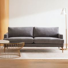 a living room with a gray couch and coffee table in front of the couch is a white wall