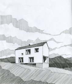 a black and white drawing of a house in the middle of a field with mountains behind it