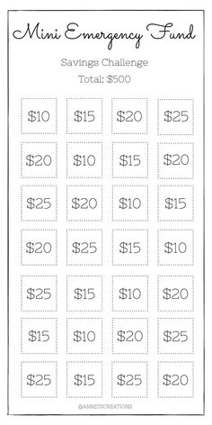 a printable mini emergency fund savings chart with the words, saving challenge $ 350