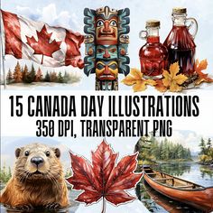 an advertisement for canada day illustrations with images of canadian flags, maple leaves and beavers