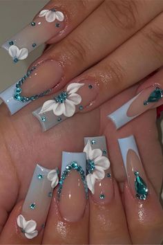 #ad #CommissionsEarned  --  BABALAL Blue Press on Nails Long Square Fake Nails French Tip Glue ons Nails 3d Flower Design Acrylic Nails 24Pcs Bling Rhinestone Full Cover False Nails Matching Nails, 3d Nail Designs, Nagellack Trends, Blue French, Blue Nail Designs, Blue Nail, Long Square Acrylic Nails