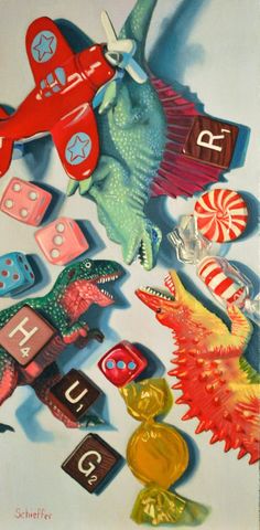 an image of a painting with many different things on it, including toys and letters