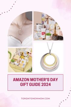 the amazon mother's day gift guide is shown in pink and white with gold accents