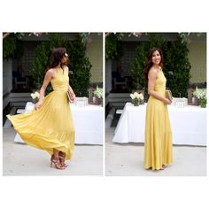 two pictures of a woman in a yellow dress