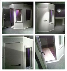 four different shots of the inside of a room with doors and windows, including an open door