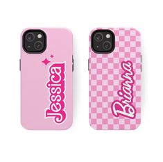 two pink phone cases with the words be awesome on them, both printed in pink and white checkerboard